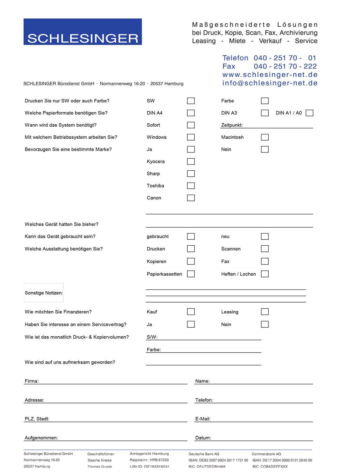 Anfragebogen Kopierer Drucker